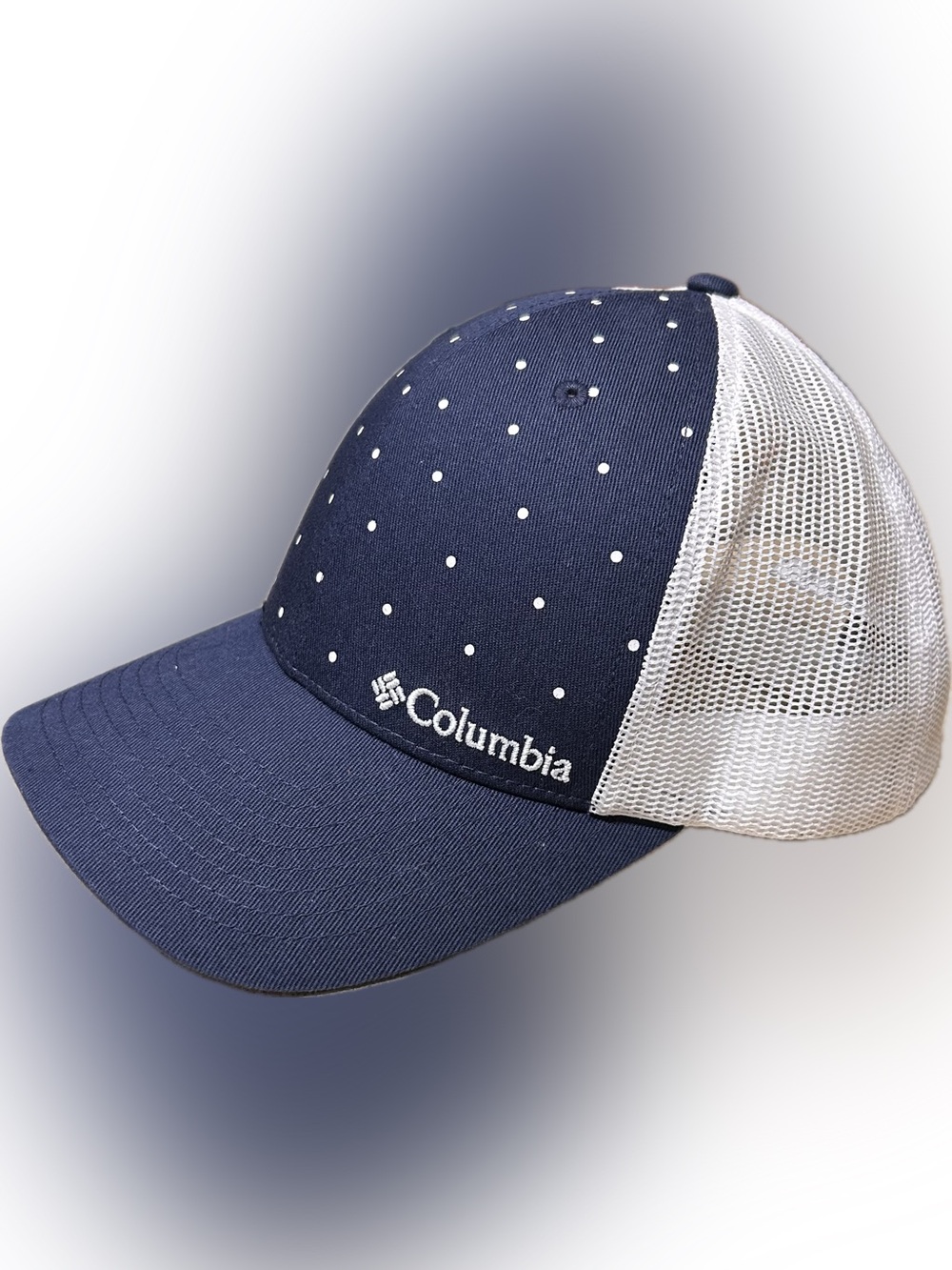 Columbia Women’s Navy Polka Dot Mesh Trucker Hat with White Mesh